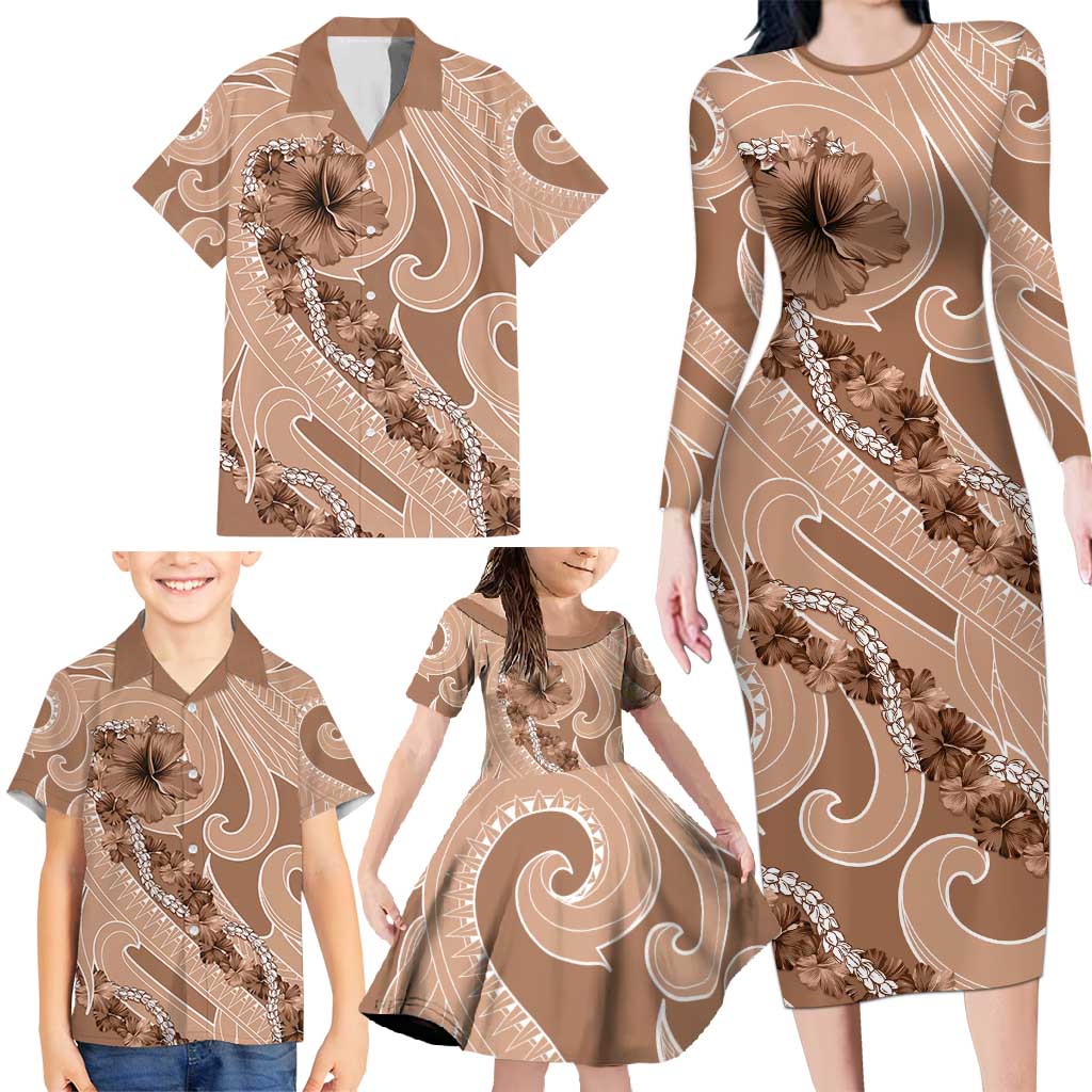 Hawaii Brown Hibiscus Pikake Lei Family Matching Long Sleeve Bodycon Dress and Hawaiian Shirt - Polynesian Pride