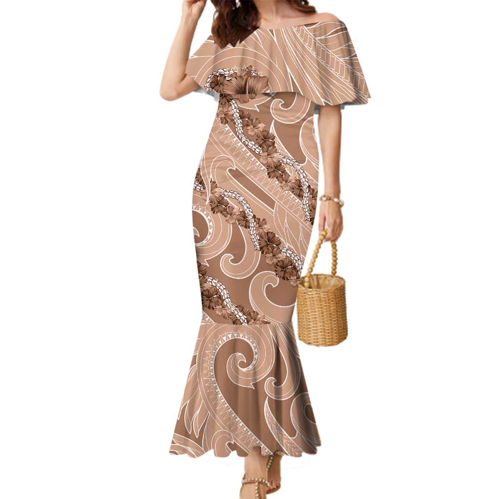 Hawaii Brown Hibiscus Pikake Lei Family Matching Mermaid Dress and Hawaiian Shirt - Polynesian Pride