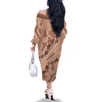 Hawaii Brown Hibiscus Pikake Lei Family Matching Off The Shoulder Long Sleeve Dress and Hawaiian Shirt - Polynesian Pride