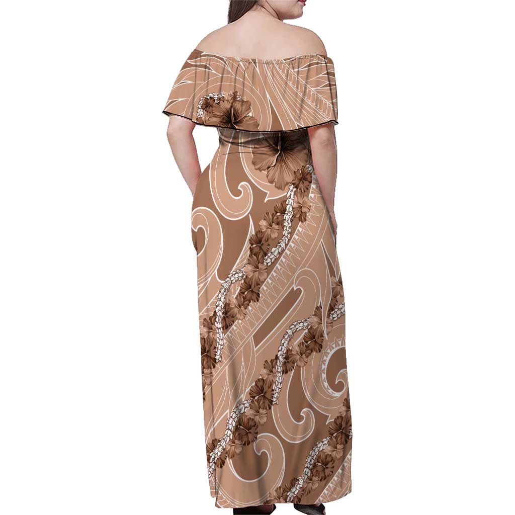 Hawaii Brown Hibiscus Pikake Lei Family Matching Off Shoulder Maxi Dress and Hawaiian Shirt - Polynesian Pride