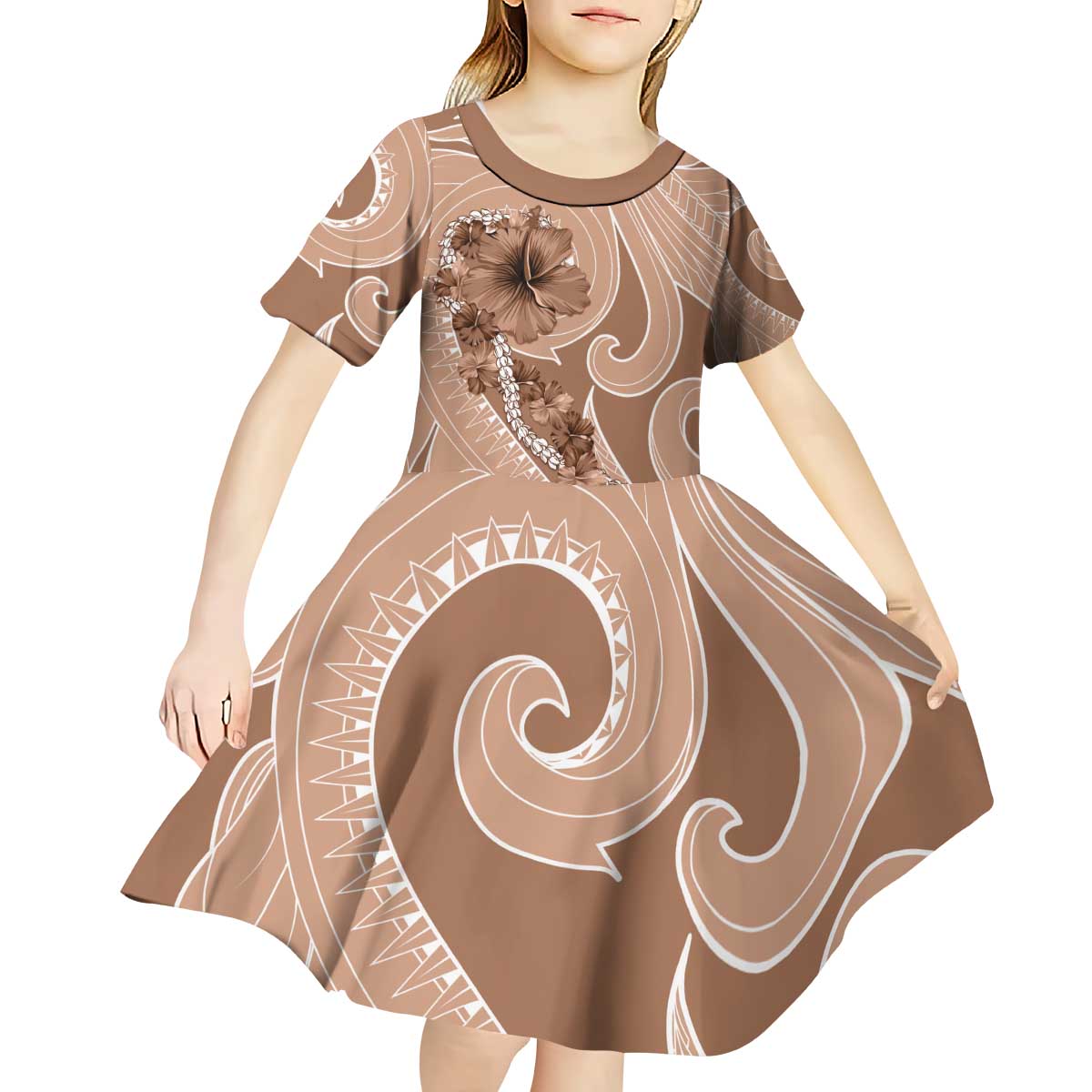 Hawaii Brown Hibiscus Pikake Lei Kid Short Sleeve Dress - Polynesian Pride