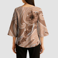Hawaii Brown Hibiscus Pikake Lei Kimono Sleeve Blouse - Polynesian Pride
