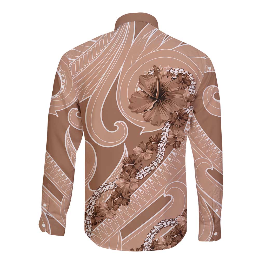 Hawaii Brown Hibiscus Pikake Lei Long Sleeve Button Shirt - Polynesian Pride