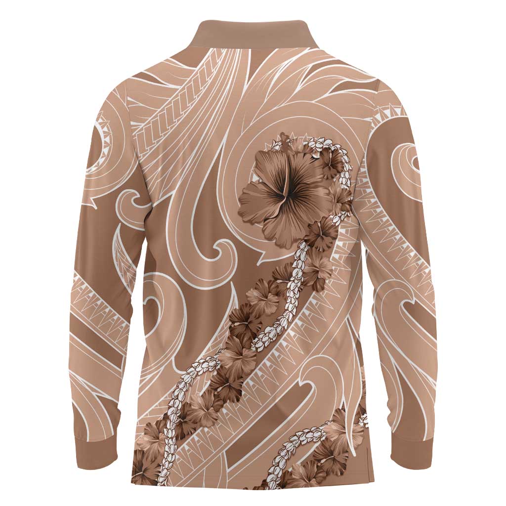 Hawaii Brown Hibiscus Pikake Lei Long Sleeve Polo Shirt - Polynesian Pride