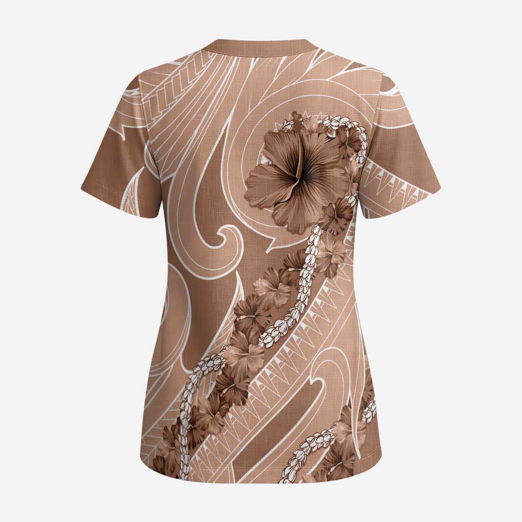 Hawaii Brown Hibiscus Pikake Lei Scrub Top - Polynesian Pride