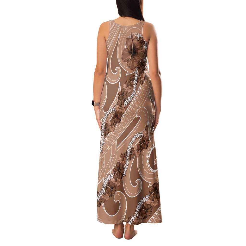 Hawaii Brown Hibiscus Pikake Lei Tank Maxi Dress - Polynesian Pride