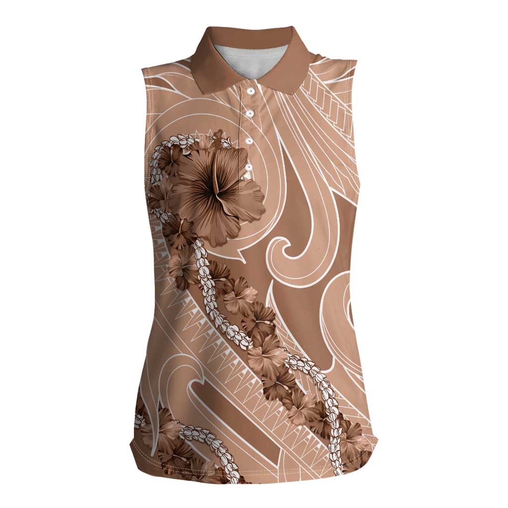 Hawaii Brown Hibiscus Pikake Lei Women Sleeveless Polo Shirt - Polynesian Pride