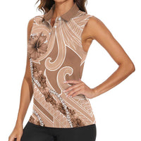 Hawaii Brown Hibiscus Pikake Lei Women Sleeveless Polo Shirt - Polynesian Pride