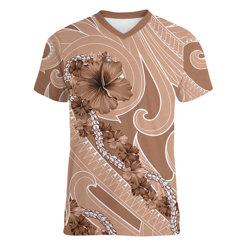 Hawaii Brown Hibiscus Pikake Lei Women V-Neck T-Shirt - Polynesian Pride
