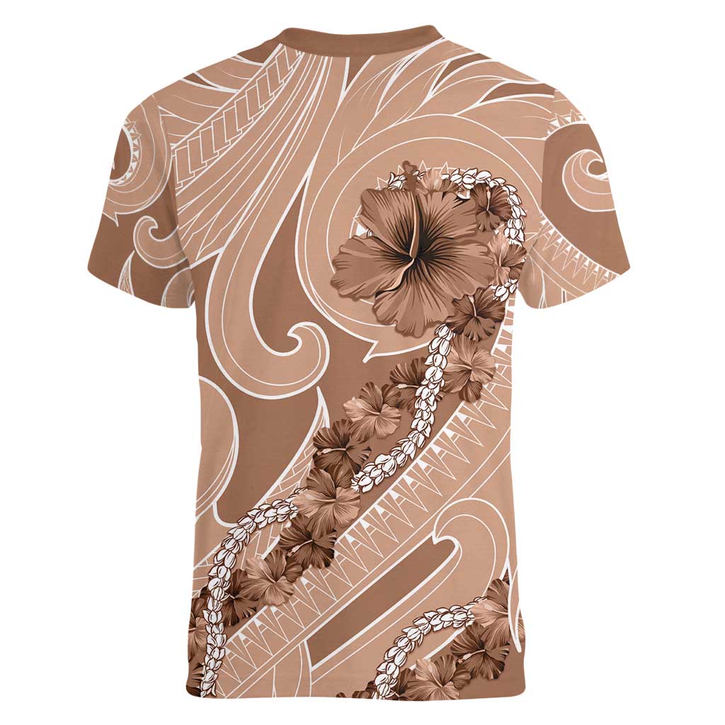 Hawaii Brown Hibiscus Pikake Lei Women V-Neck T-Shirt - Polynesian Pride