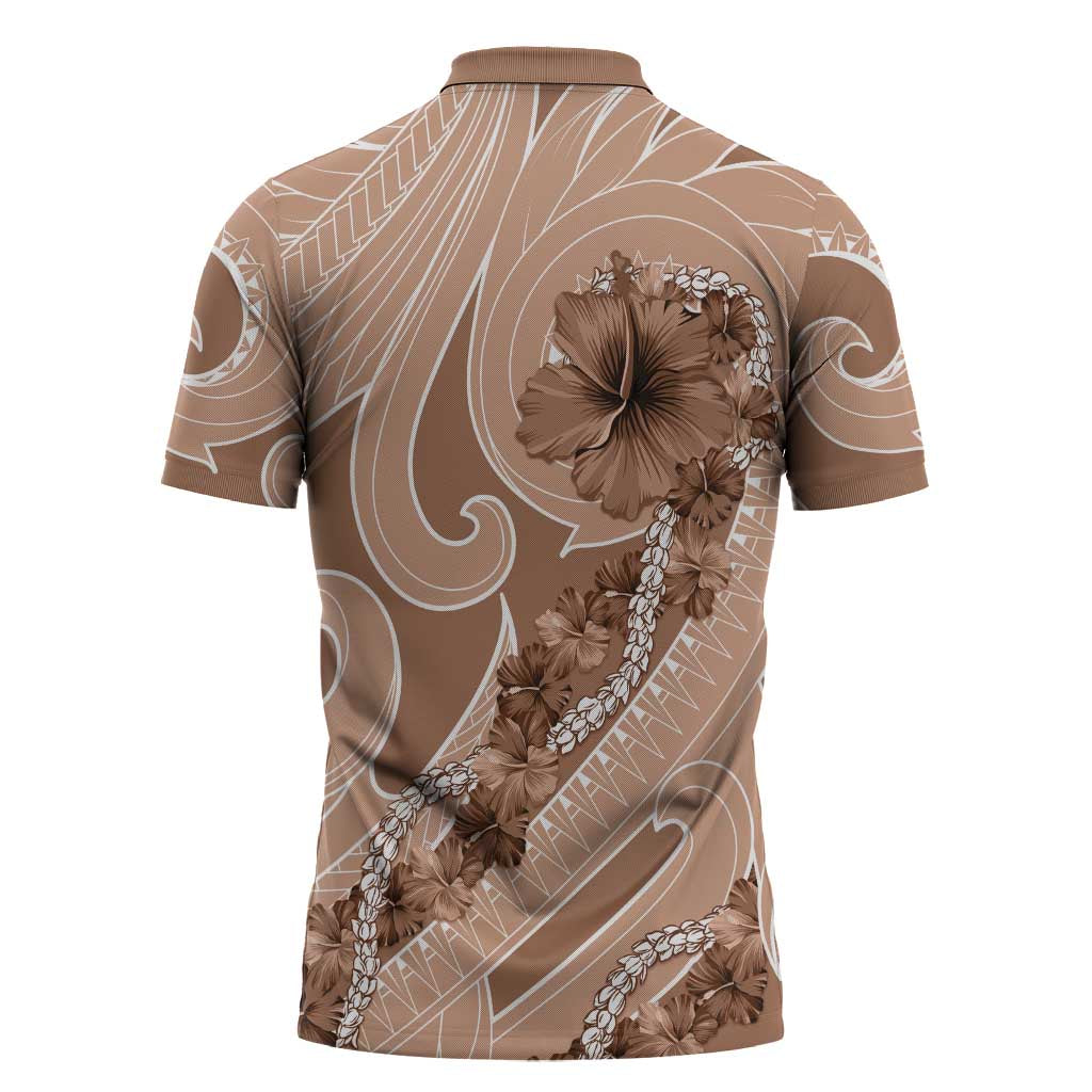 Hawaii Brown Hibiscus Pikake Lei Zipper Polo Shirt - Polynesian Pride