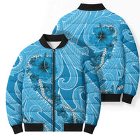 Hawaii Blue Hibiscus Pikake Lei Bomber Puffer Jacket - Polynesian Pride