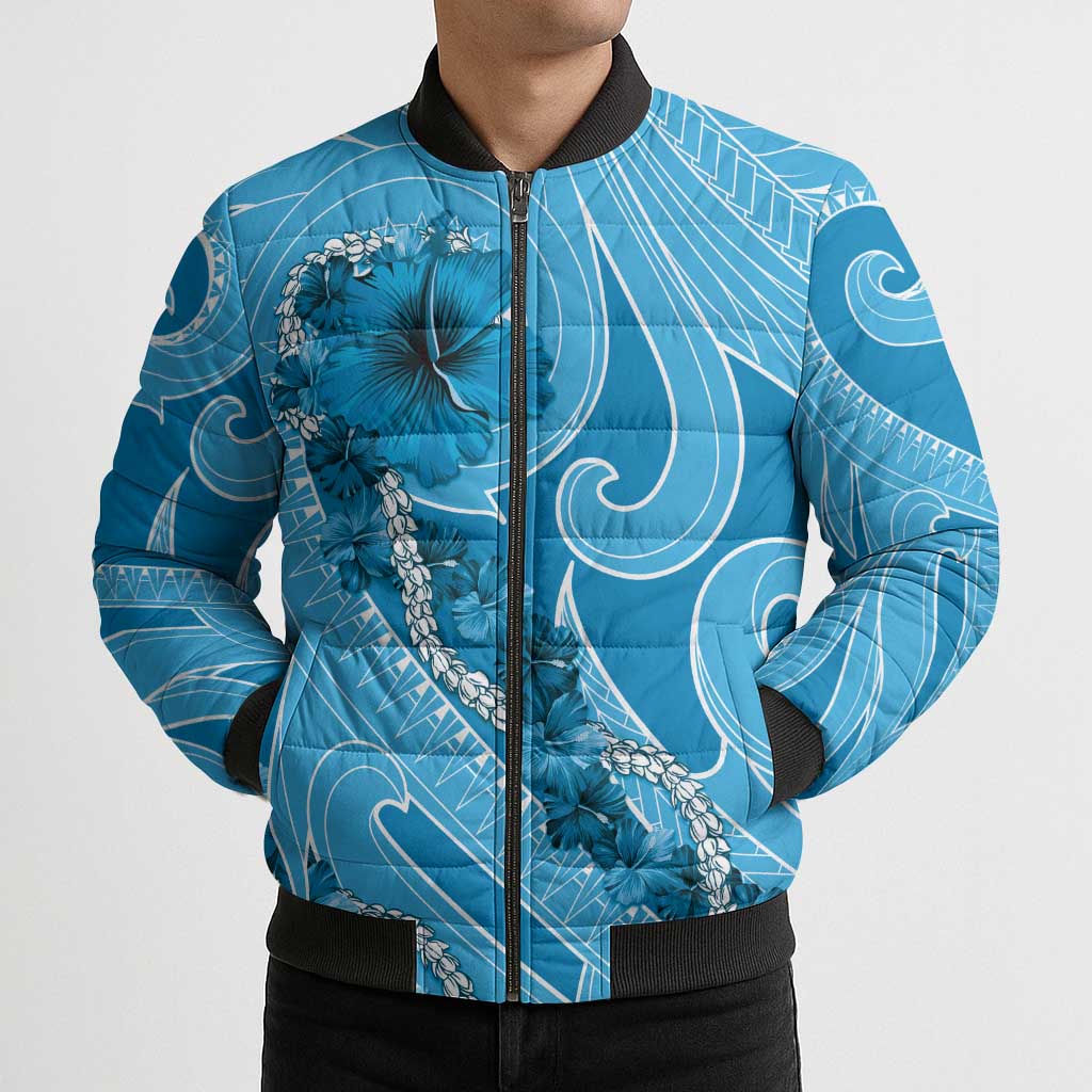 Hawaii Blue Hibiscus Pikake Lei Bomber Puffer Jacket - Polynesian Pride