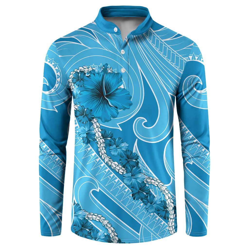 Hawaii Blue Hibiscus Pikake Lei Button Sweatshirt - Polynesian Pride