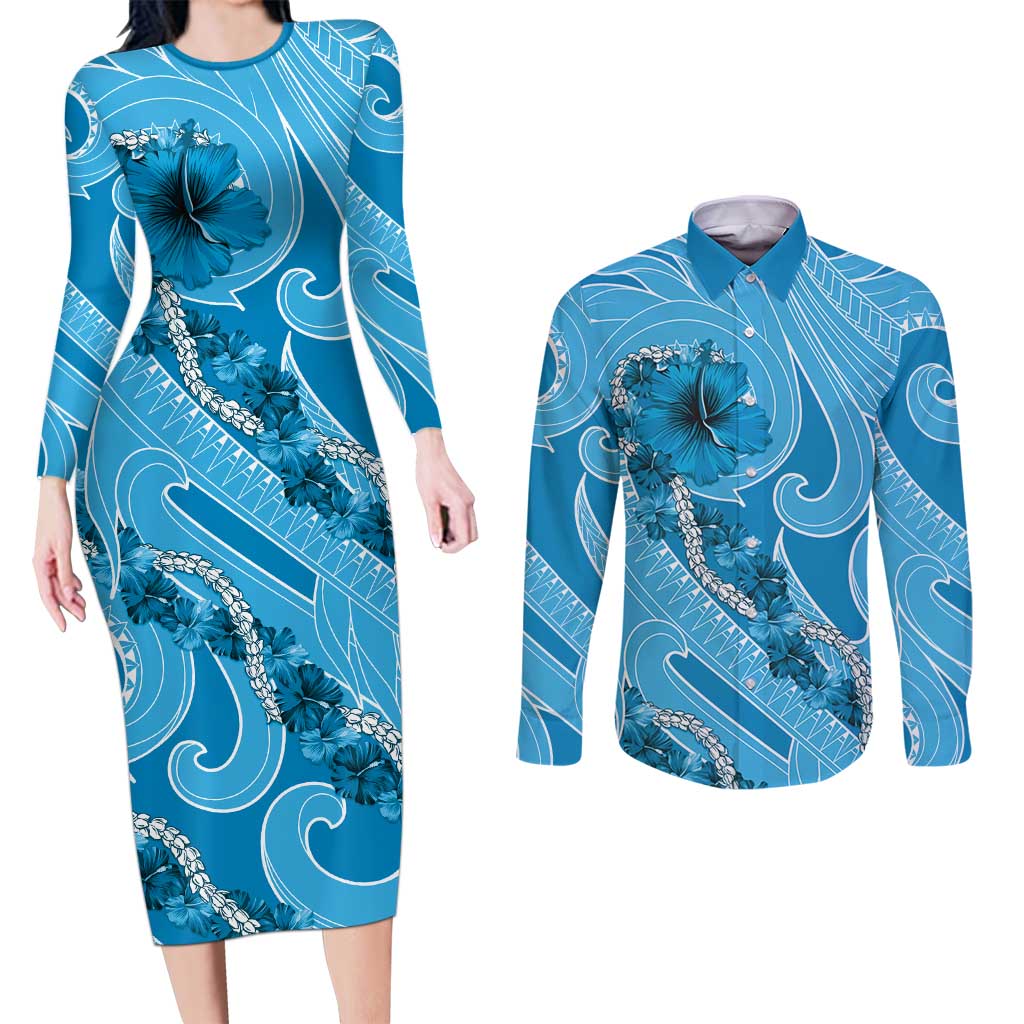 Hawaii Blue Hibiscus Pikake Lei Couples Matching Long Sleeve Bodycon Dress and Long Sleeve Button Shirt - Polynesian Pride