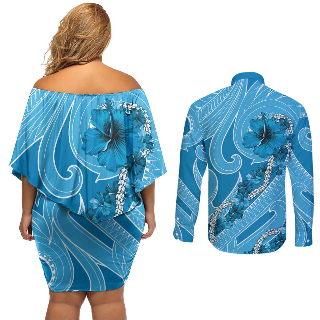 Hawaii Blue Hibiscus Pikake Lei Couples Matching Off Shoulder Short Dress and Long Sleeve Button Shirt - Polynesian Pride