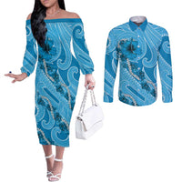 Hawaii Blue Hibiscus Pikake Lei Couples Matching Off The Shoulder Long Sleeve Dress and Long Sleeve Button Shirt - Polynesian Pride