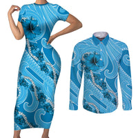 Hawaii Blue Hibiscus Pikake Lei Couples Matching Short Sleeve Bodycon Dress and Long Sleeve Button Shirt - Polynesian Pride