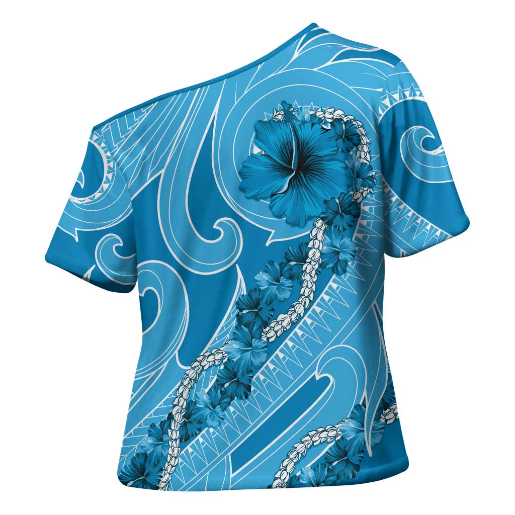 Hawaii Blue Hibiscus Pikake Lei Cross Shoulder Shirt - Polynesian Pride