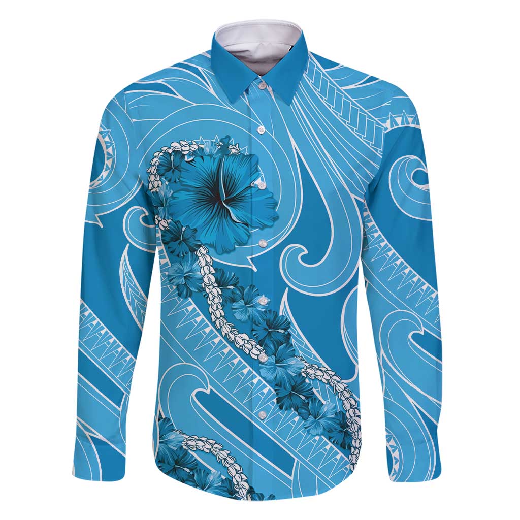 Hawaii Blue Hibiscus Pikake Lei Family Matching Long Sleeve Bodycon Dress and Hawaiian Shirt - Polynesian Pride