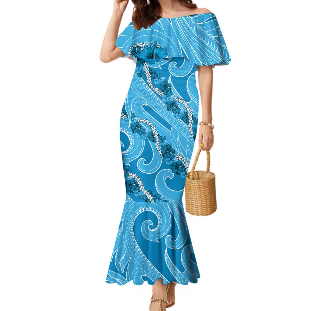 Hawaii Blue Hibiscus Pikake Lei Family Matching Mermaid Dress and Hawaiian Shirt - Polynesian Pride