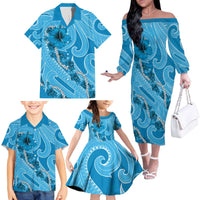 Hawaii Blue Hibiscus Pikake Lei Family Matching Off The Shoulder Long Sleeve Dress and Hawaiian Shirt - Polynesian Pride