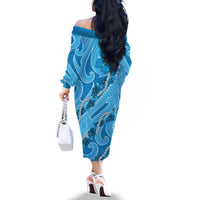 Hawaii Blue Hibiscus Pikake Lei Family Matching Off The Shoulder Long Sleeve Dress and Hawaiian Shirt - Polynesian Pride