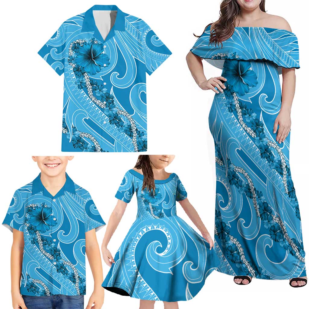 Hawaii Blue Hibiscus Pikake Lei Family Matching Off Shoulder Maxi Dress and Hawaiian Shirt - Polynesian Pride