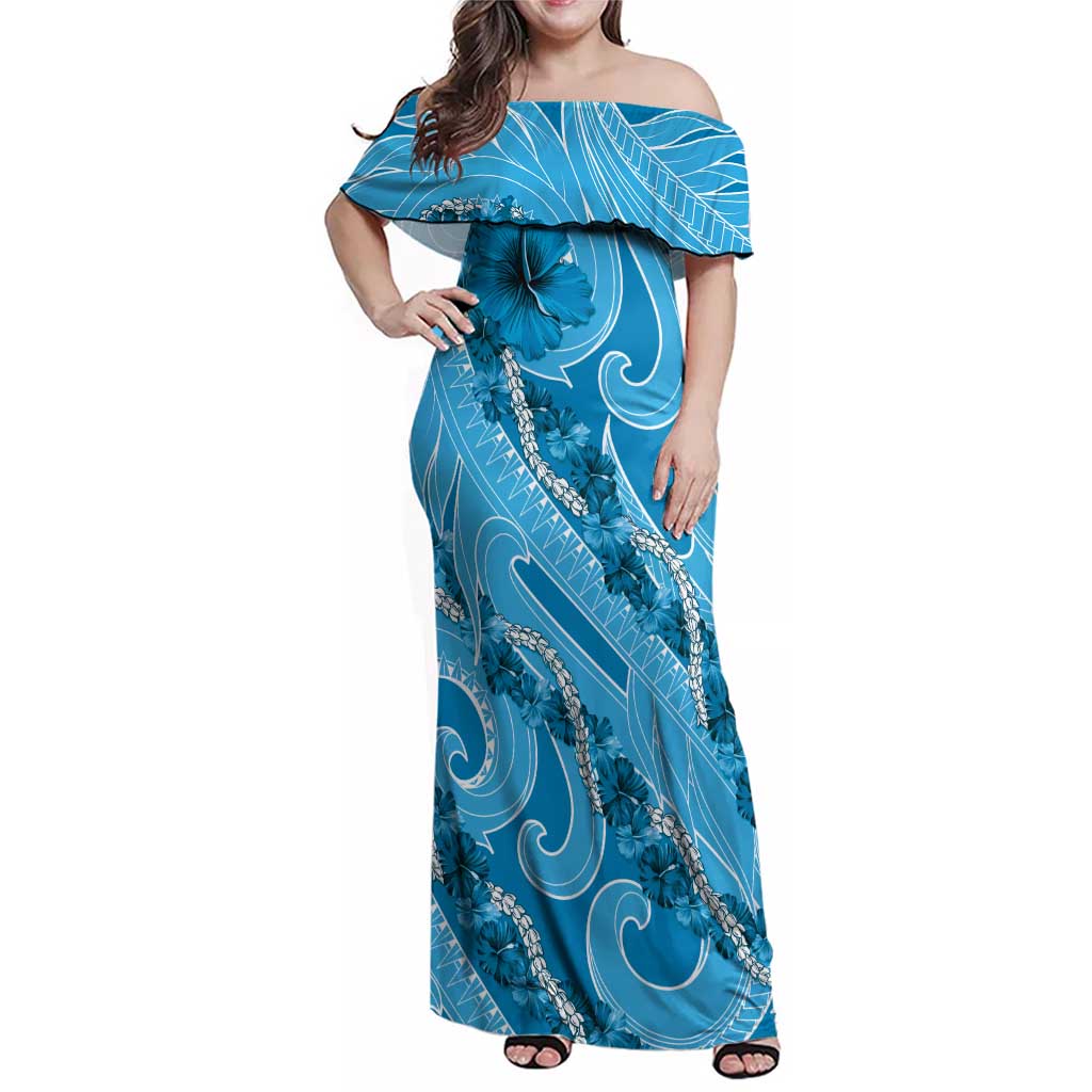 Hawaii Blue Hibiscus Pikake Lei Family Matching Off Shoulder Maxi Dress and Hawaiian Shirt - Polynesian Pride