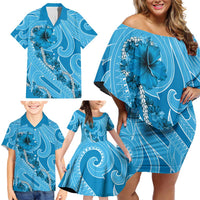 Hawaii Blue Hibiscus Pikake Lei Family Matching Off Shoulder Short Dress and Hawaiian Shirt - Polynesian Pride