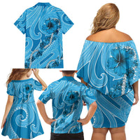 Hawaii Blue Hibiscus Pikake Lei Family Matching Off Shoulder Short Dress and Hawaiian Shirt - Polynesian Pride