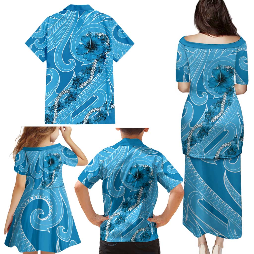 Hawaii Blue Hibiscus Pikake Lei Family Matching Puletasi and Hawaiian Shirt - Polynesian Pride