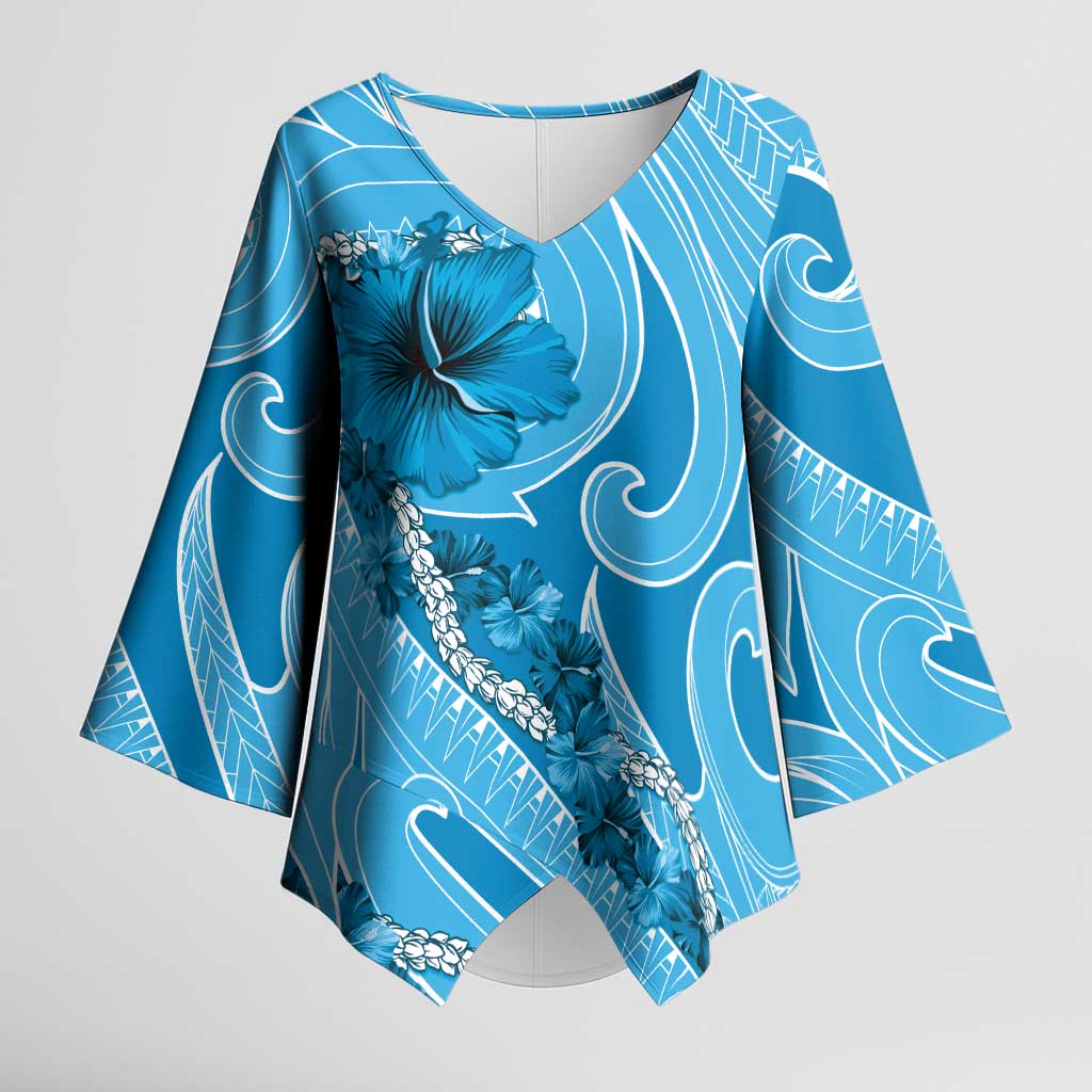 Hawaii Blue Hibiscus Pikake Lei Kimono Sleeve Blouse - Polynesian Pride
