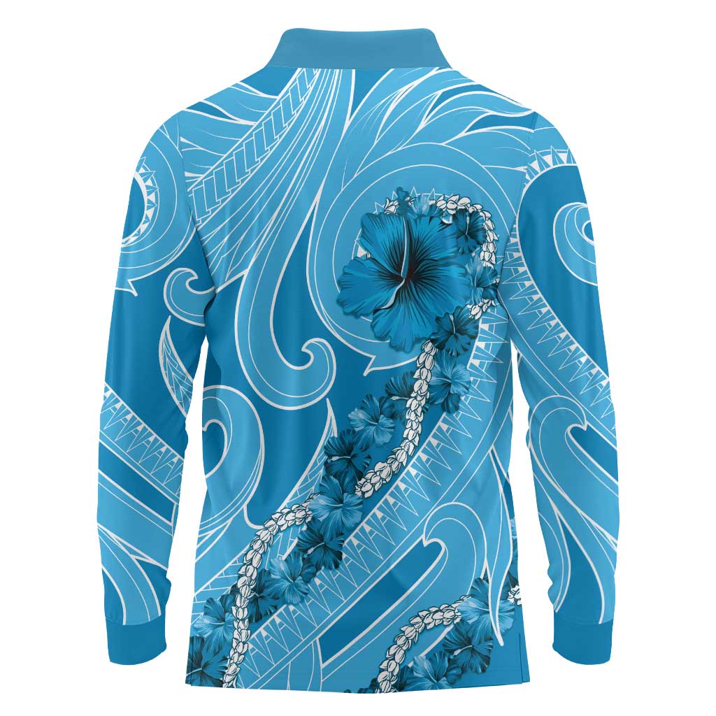 Hawaii Blue Hibiscus Pikake Lei Long Sleeve Polo Shirt - Polynesian Pride