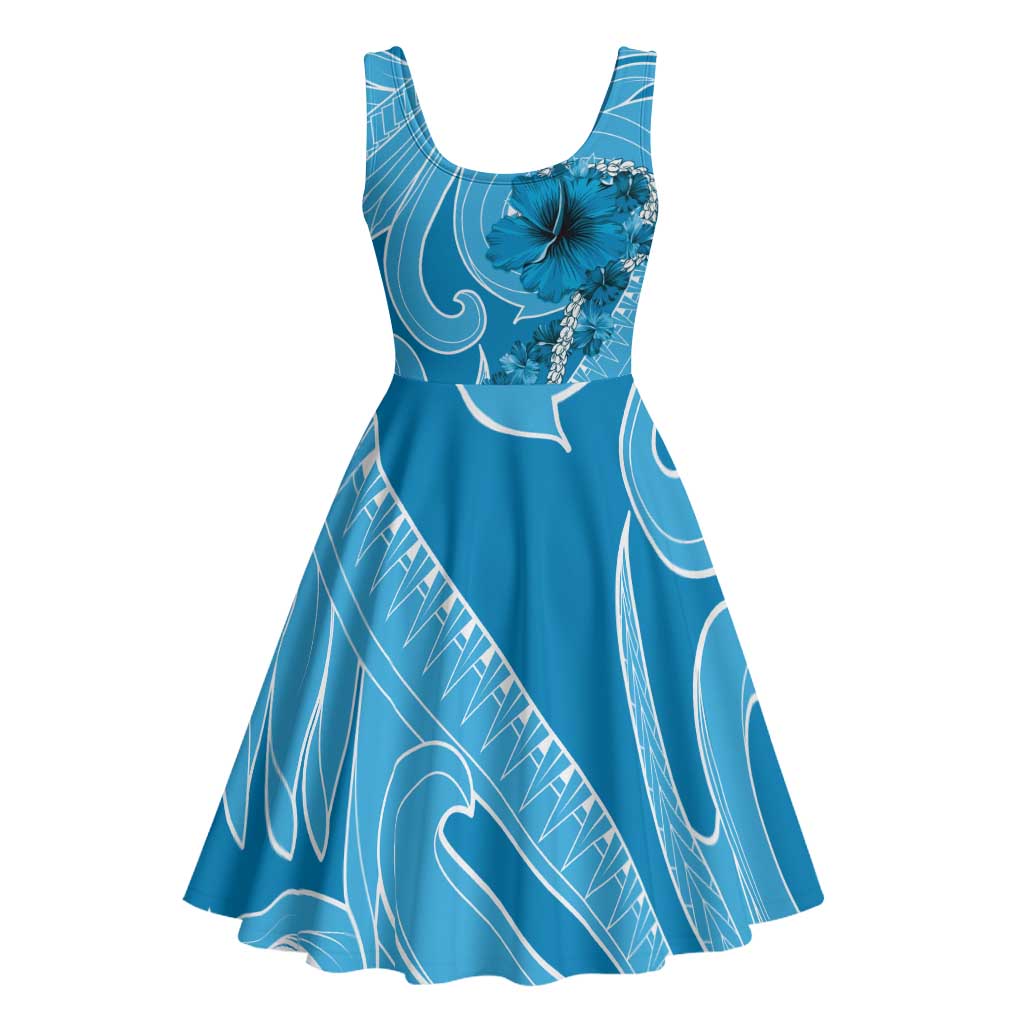 Hawaii Blue Hibiscus Pikake Lei Midi Dress - Polynesian Pride
