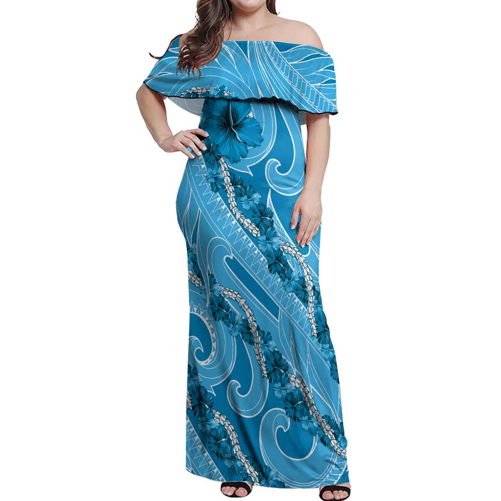 Hawaii Blue Hibiscus Pikake Lei Off Shoulder Maxi Dress - Polynesian Pride