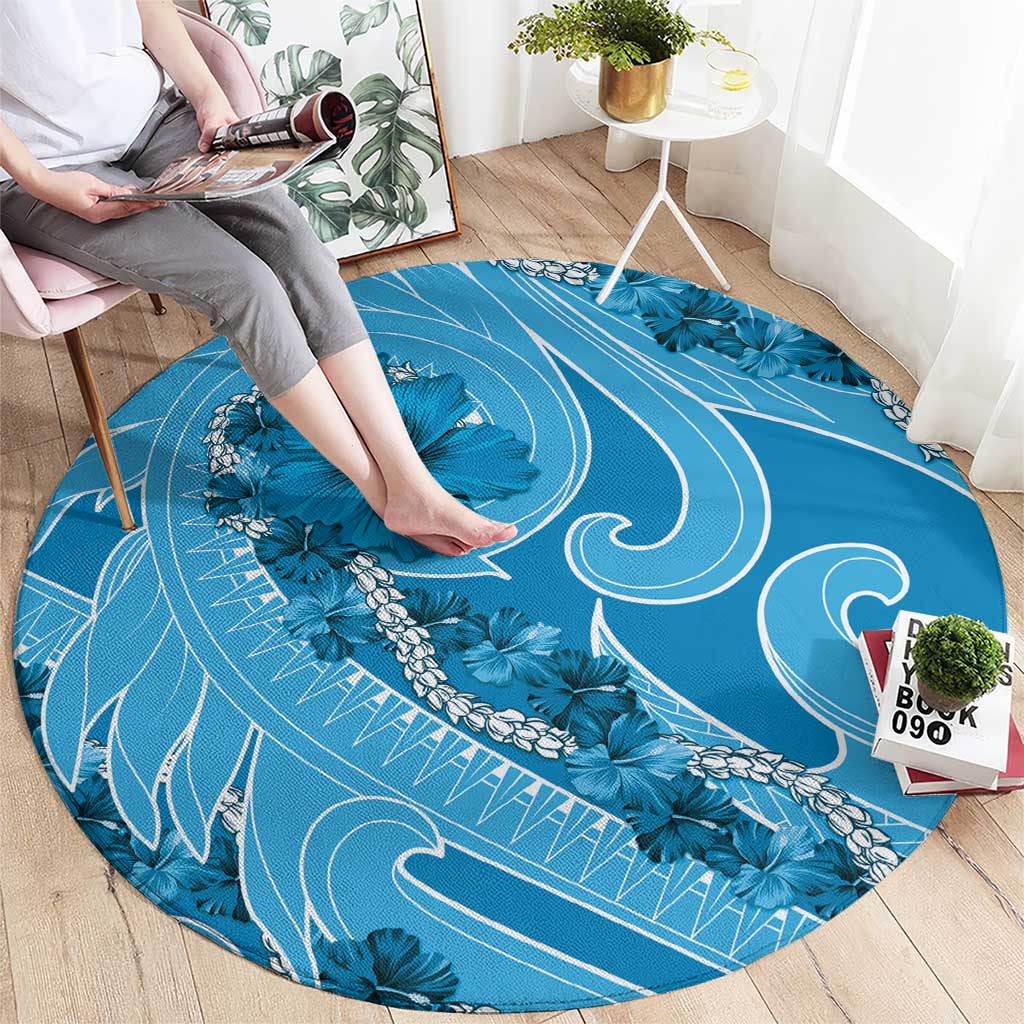 Hawaii Blue Hibiscus Pikake Lei Round Carpet - Polynesian Pride