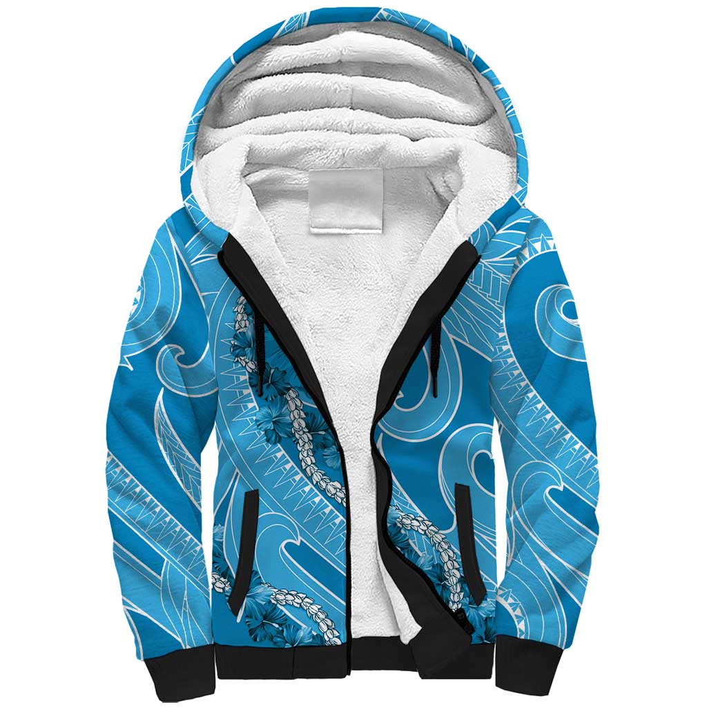 Hawaii Blue Hibiscus Pikake Lei Sherpa Hoodie - Polynesian Pride