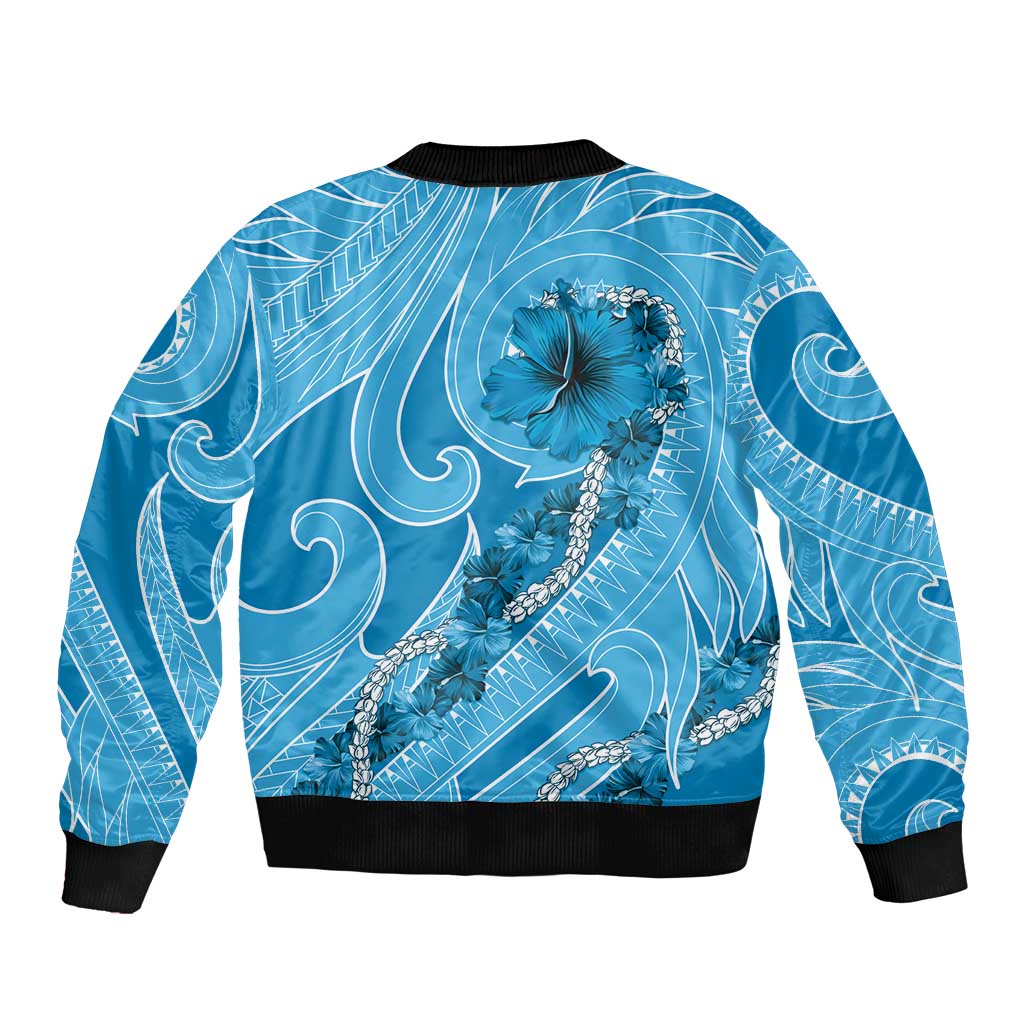 Hawaii Blue Hibiscus Pikake Lei Sleeve Zip Bomber Jacket - Polynesian Pride