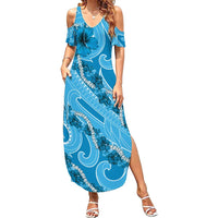 Hawaii Blue Hibiscus Pikake Lei Summer Maxi Dress - Polynesian Pride