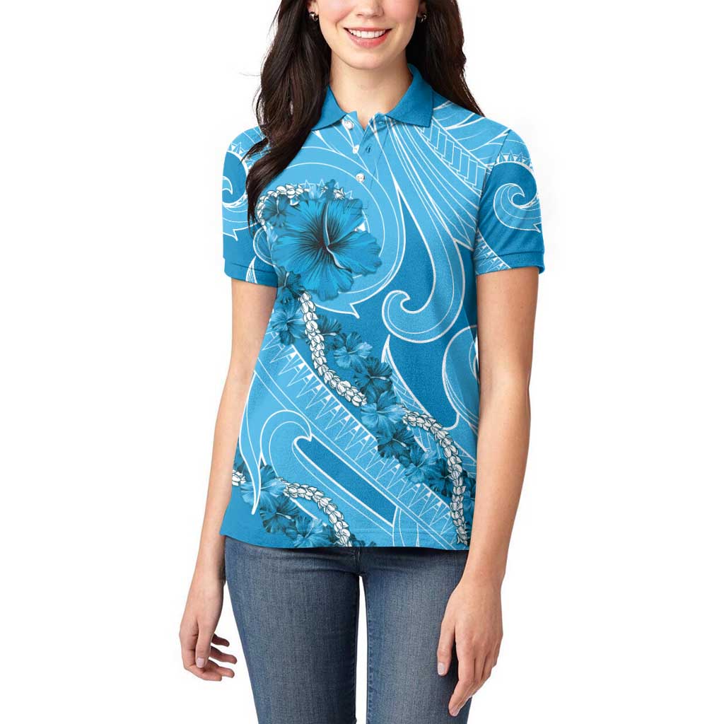 Hawaii Blue Hibiscus Pikake Lei Women Polo Shirt - Polynesian Pride