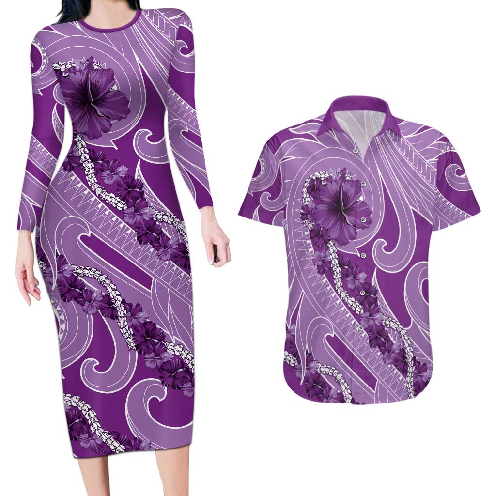 Hawaii Violet Hibiscus Pikake Lei Couples Matching Long Sleeve Bodycon Dress and Hawaiian Shirt - Polynesian Pride