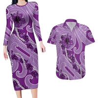 Hawaii Violet Hibiscus Pikake Lei Couples Matching Long Sleeve Bodycon Dress and Hawaiian Shirt - Polynesian Pride