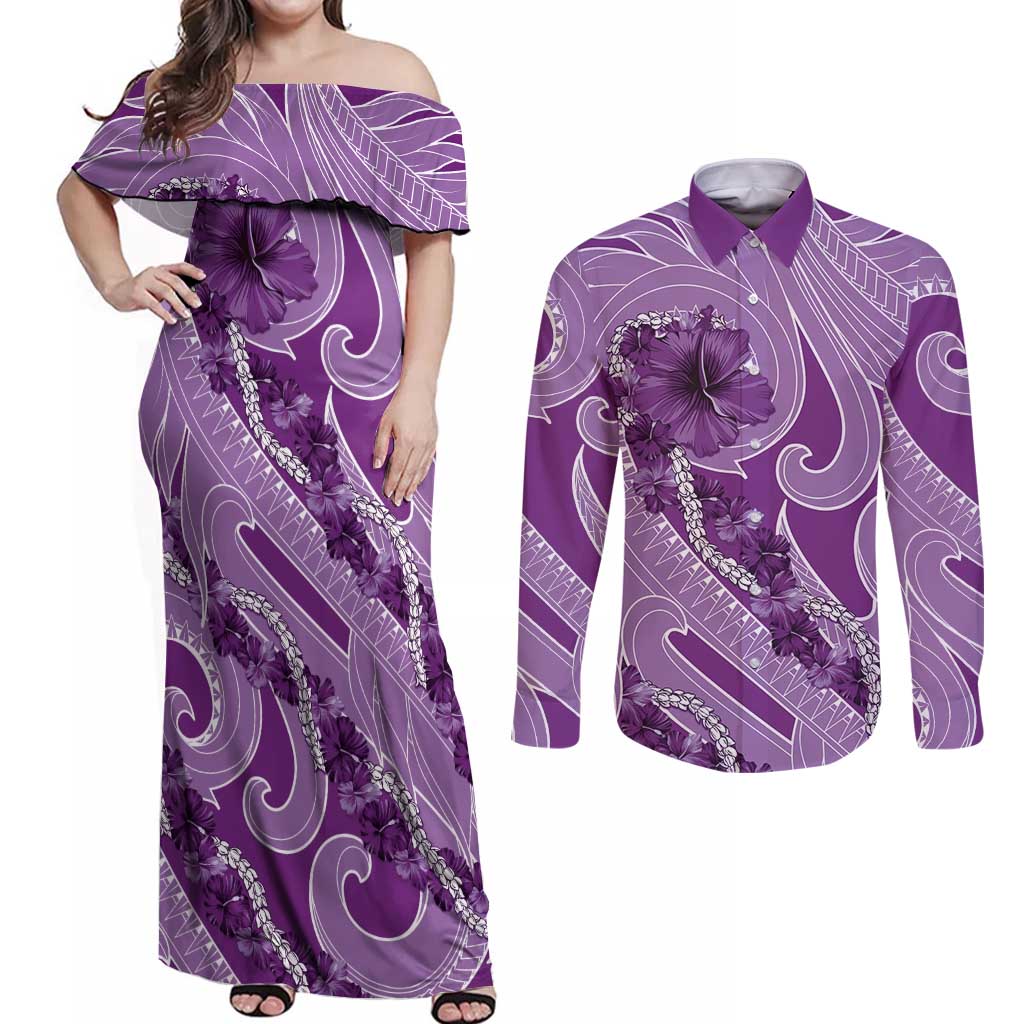 Hawaii Violet Hibiscus Pikake Lei Couples Matching Off Shoulder Maxi Dress and Long Sleeve Button Shirt - Polynesian Pride