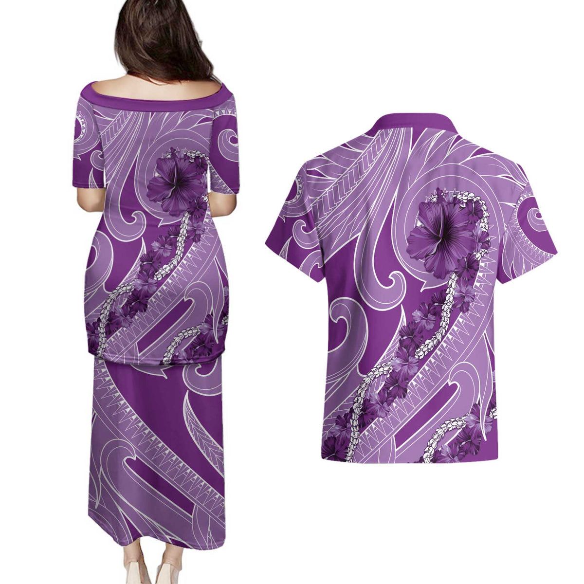 Hawaii Violet Hibiscus Pikake Lei Couples Matching Puletasi and Hawaiian Shirt - Polynesian Pride