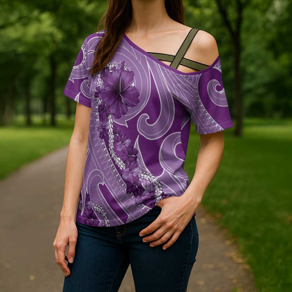 Hawaii Violet Hibiscus Pikake Lei Cross Shoulder Shirt - Polynesian Pride