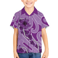 Hawaii Violet Hibiscus Pikake Lei Family Matching Off The Shoulder Long Sleeve Dress and Hawaiian Shirt - Polynesian Pride