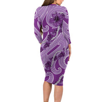 Hawaii Violet Hibiscus Pikake Lei Long Sleeve Bodycon Dress - Polynesian Pride