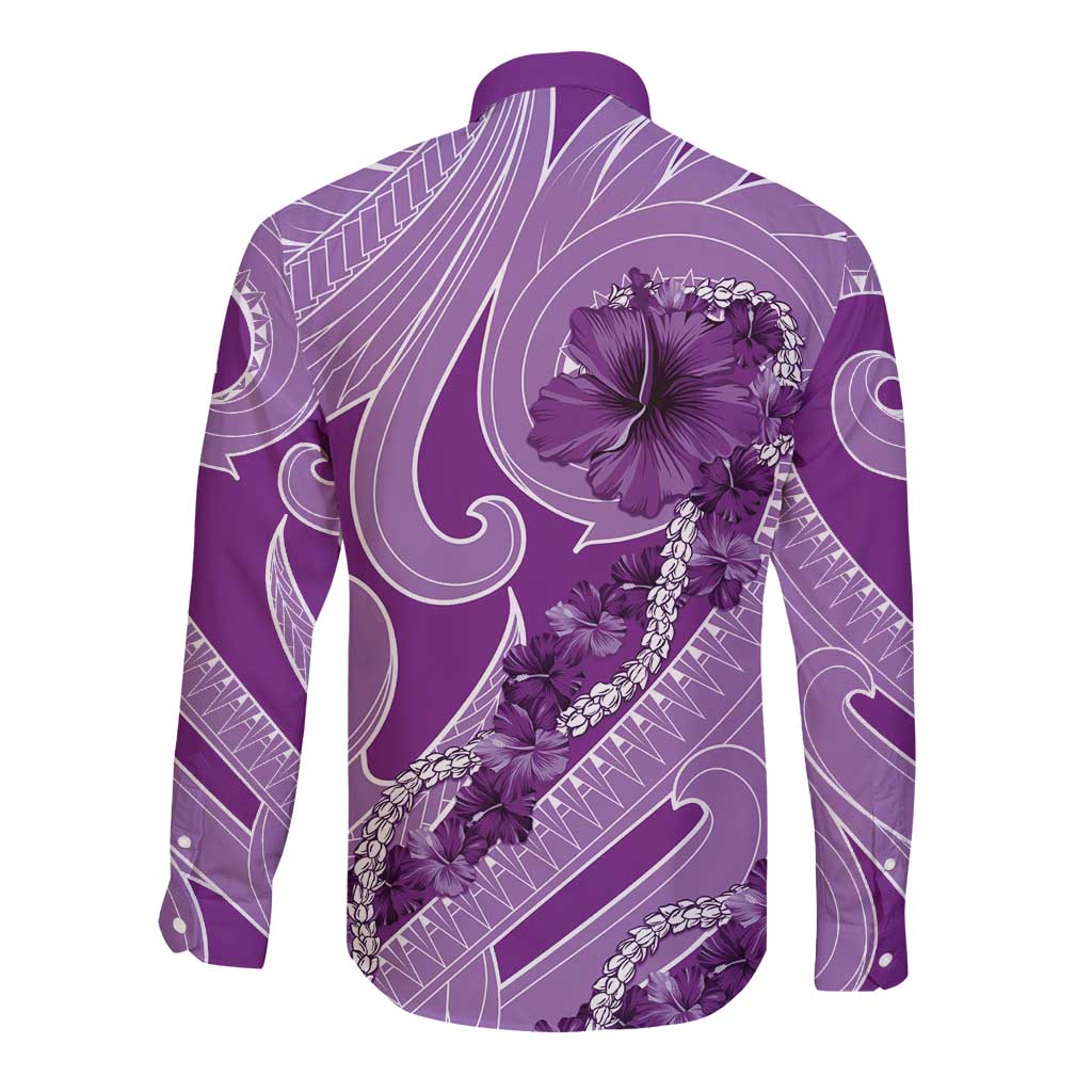 Hawaii Violet Hibiscus Pikake Lei Long Sleeve Button Shirt - Polynesian Pride
