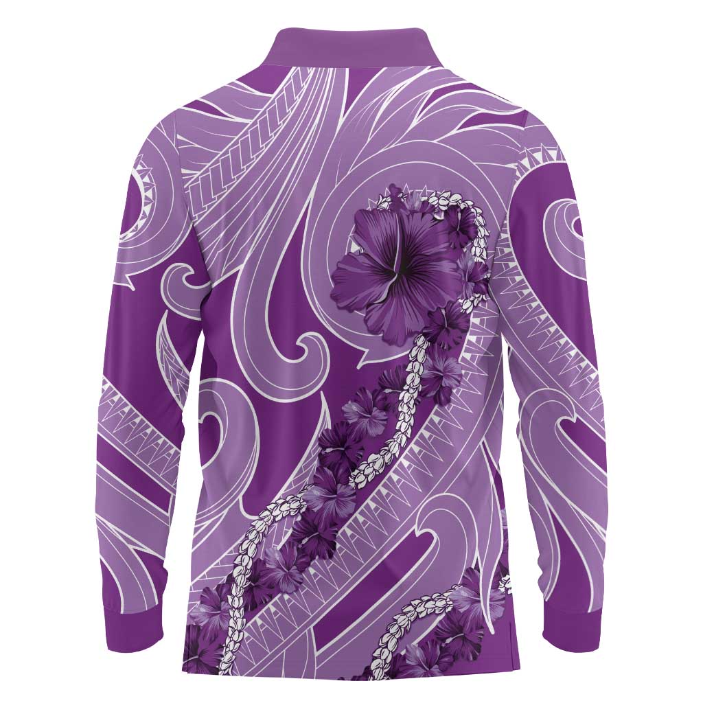 Hawaii Violet Hibiscus Pikake Lei Long Sleeve Polo Shirt - Polynesian Pride